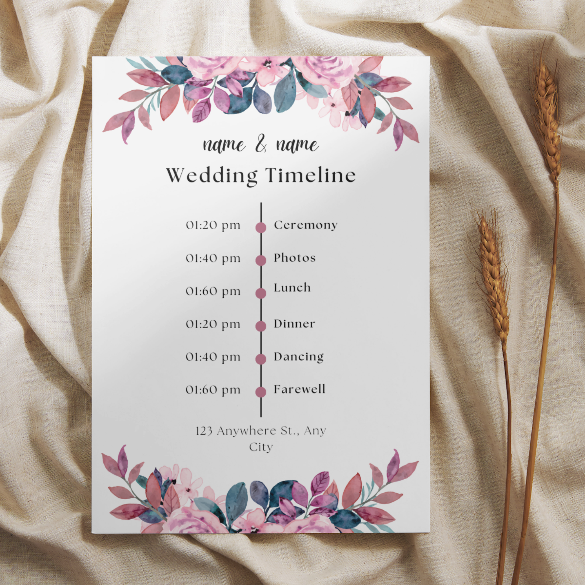 Water Color Flowers Wedding Timeline Template