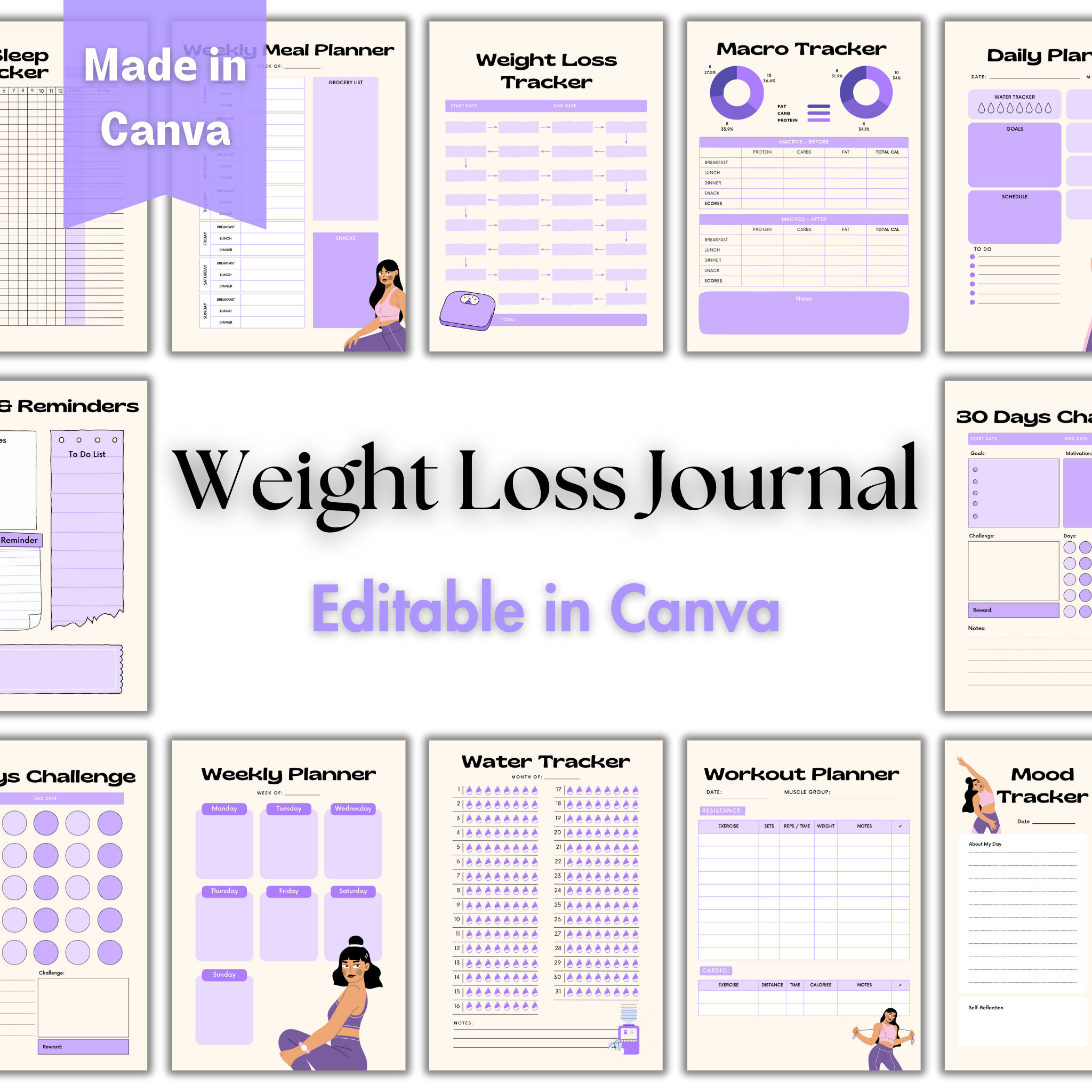 Fitness Journal | Weight Loss Planner Template | Workout Planner - Purple