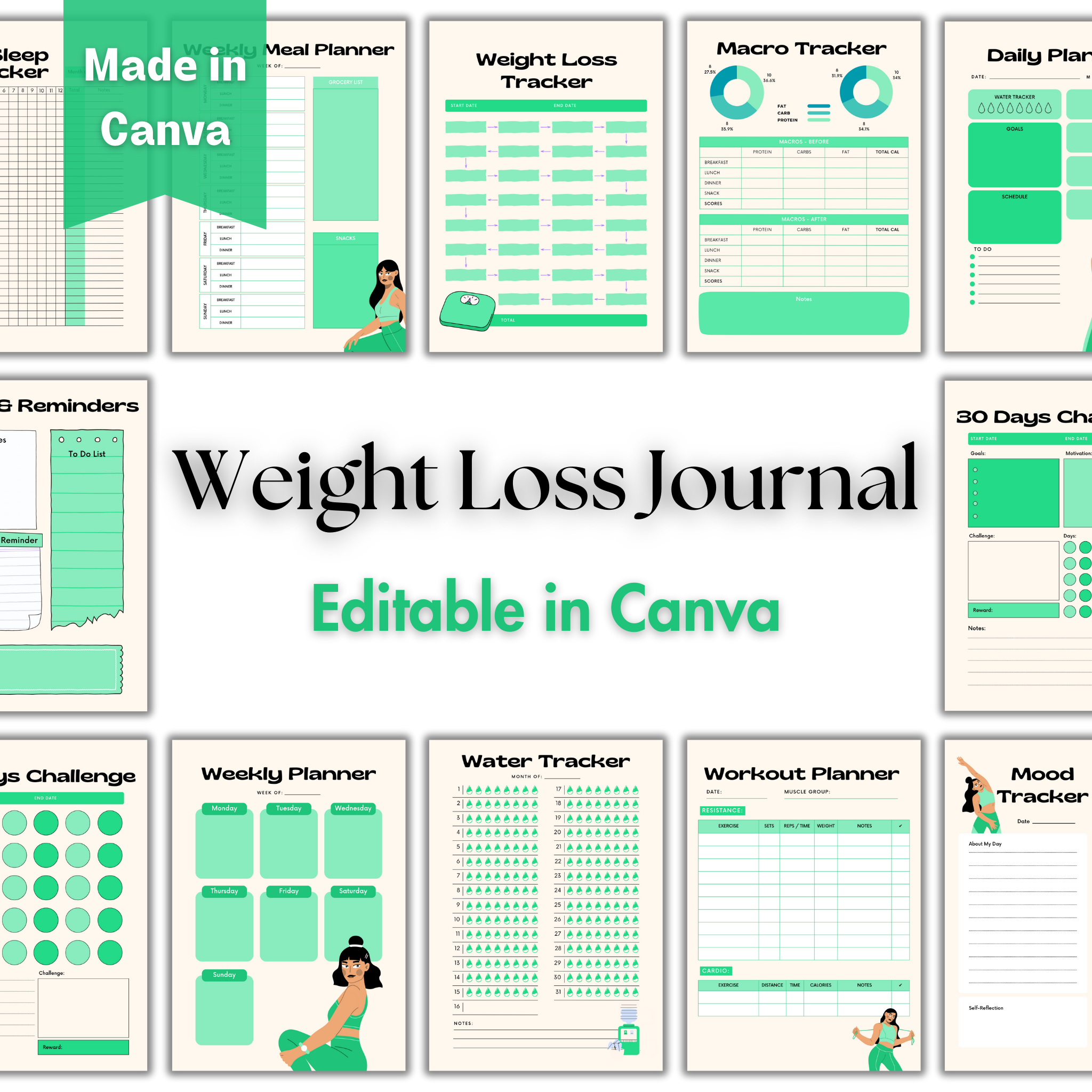 Fitness Journal | Weight Loss Planner Template | Workout Planner - Green